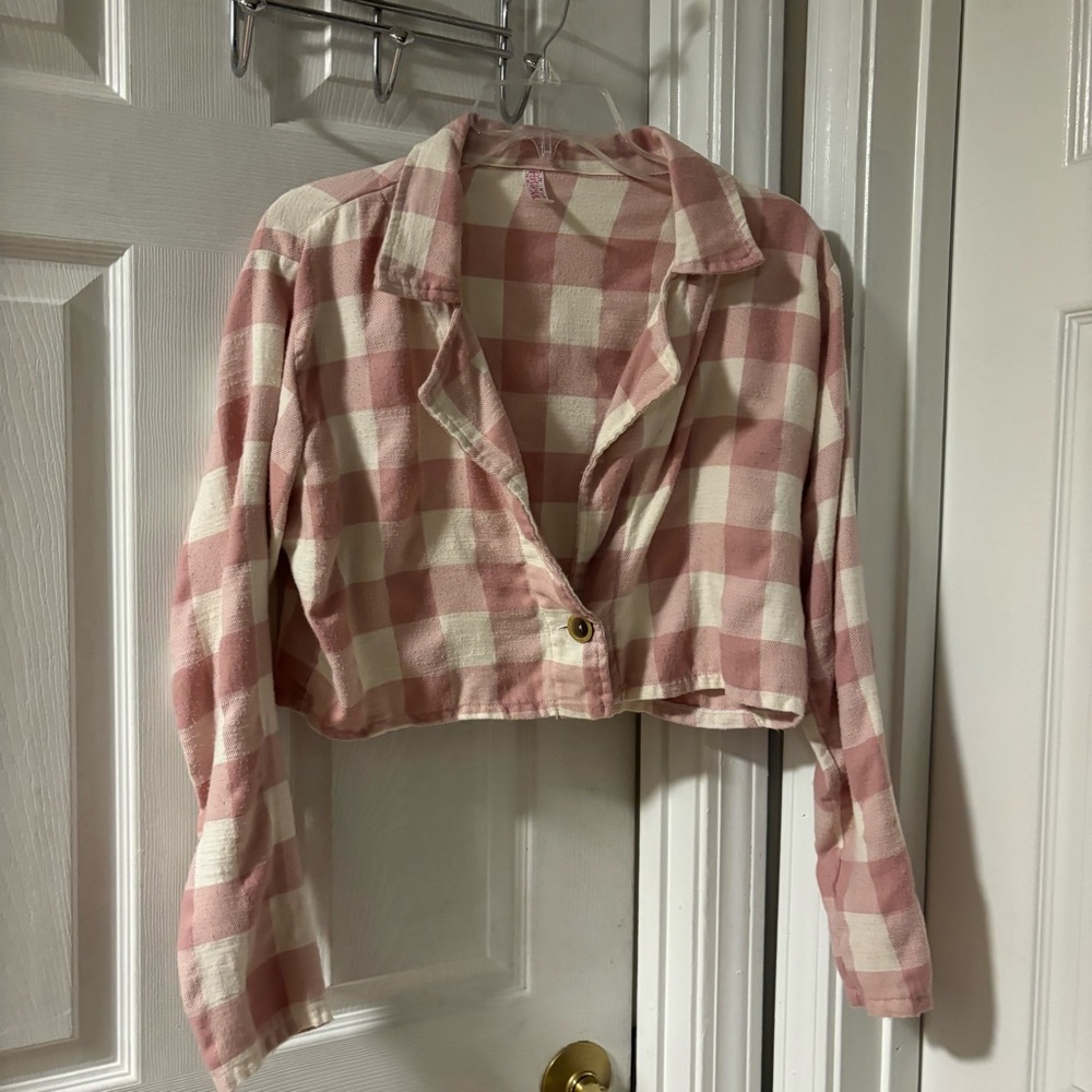 Pastel Pink and Cream Plaid Button Down Shirt Woman Size M/L
